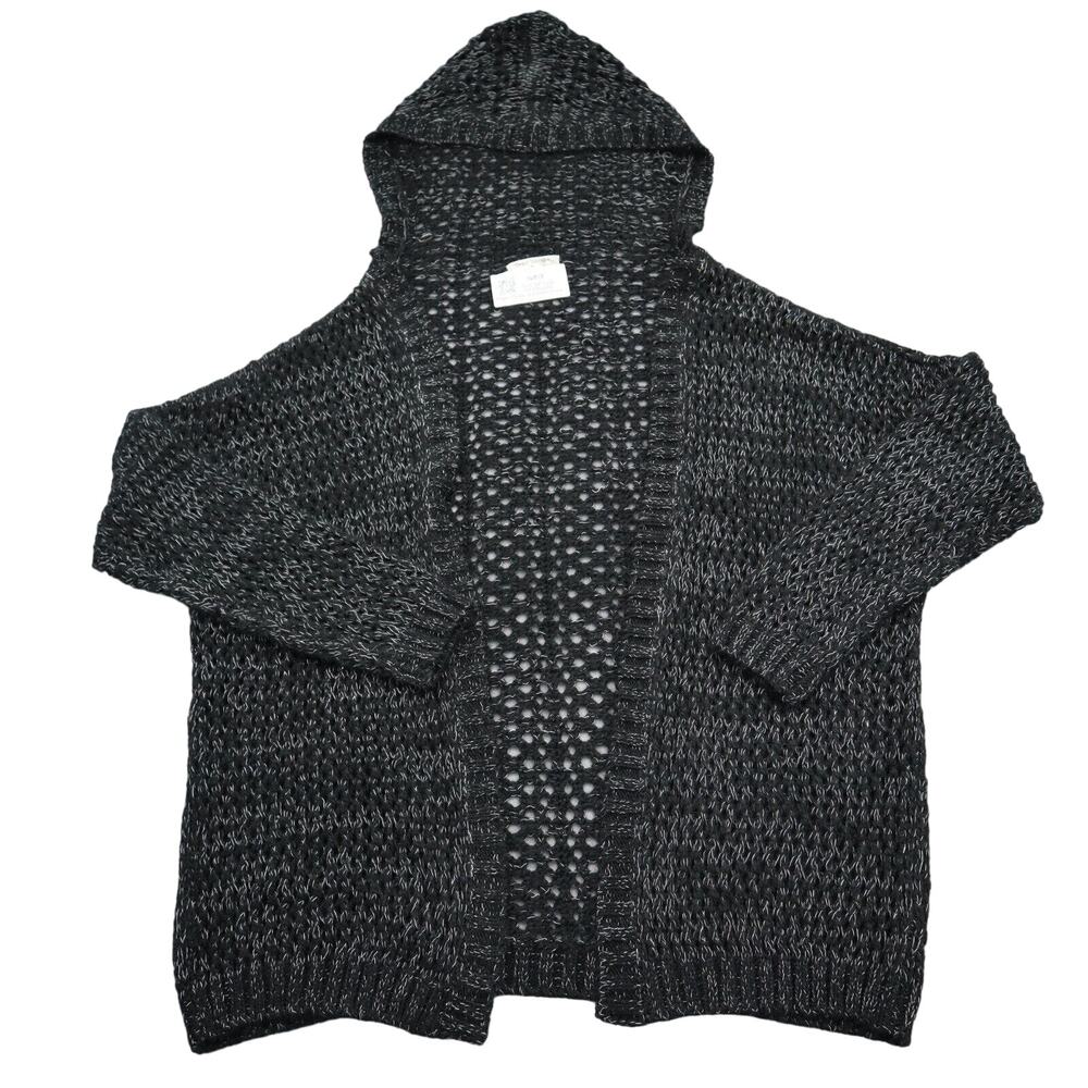 Bear Dance Sweater Womens M Black Long Sleeve Open Front Hooded Knitted Cardigan